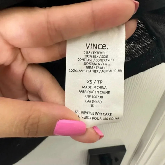 VINCE Size XS Linen Silk Cap Sleeve Top Lamb Leather Trim Relaxed‎ Fit - Picture 5 of 6